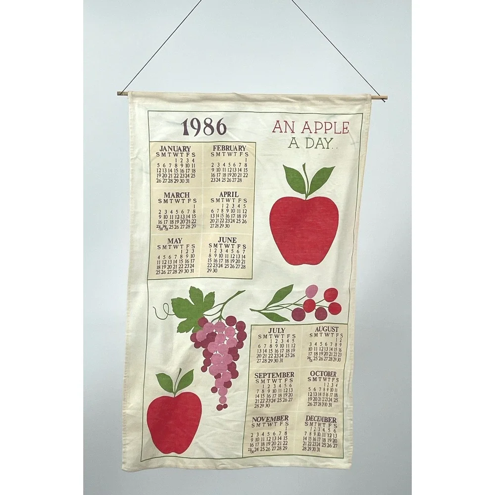 Vintage 1986 Linen Calendar Tea Towel Apple Grapes Fruit Wall Hanging 24x16